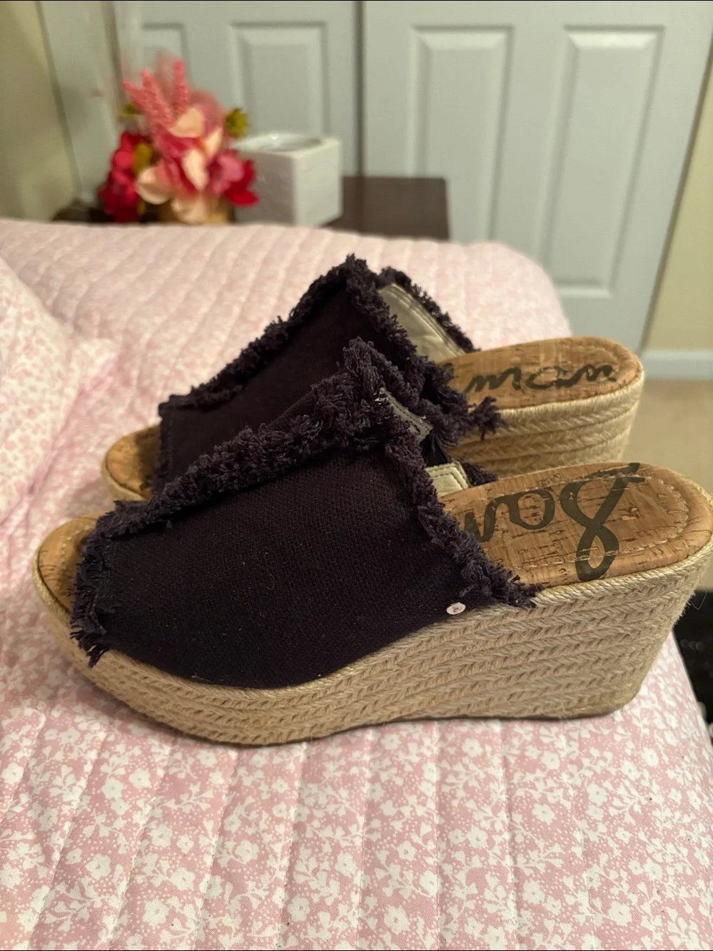 Sam Edelman Black Frayed Slide Espadrille Wedge